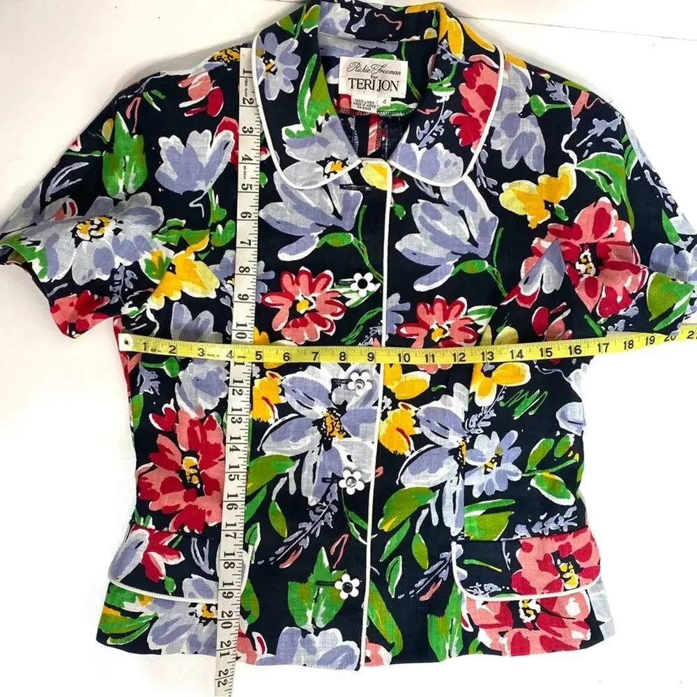 Rickie Freeman for Teri Jon Vintage Linen Jacket Silk Skirt Suit Set Floral 4